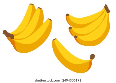 Isometric Organic Yellow Bananas, ripe. Freshness and nutrition. Banana and of bunch of bananas isolated on white background