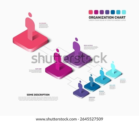 Isometric organization chart illustrates a clear business hierarchy. It visually represents team structure and connections, making it an ideal organization chart to display any company's hierarchy.