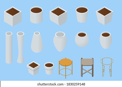 Isometric original flower pots and vases white color isolated on a background. Empty flower pots and vases