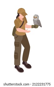 Isometric ornithologist isometric composition with character of female birdman holding owl vector illustration