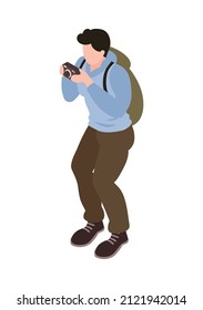 Isometric ornithologist isometric composition with character of male bird watcher holding photo camera vector illustration