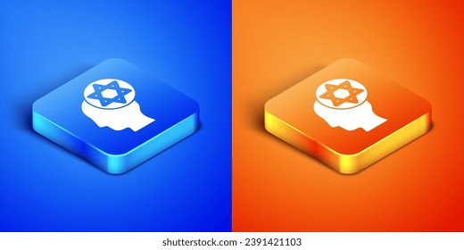 Isometric Orthodox jewish hat icon isolated on blue and orange background. Jewish men in the traditional clothing. Judaism symbols. Square button. Vector