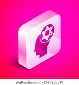 Isometric Orthodox jewish hat icon isolated on pink background. Jewish men in the traditional clothing. Judaism symbols. Silver square button. Vector