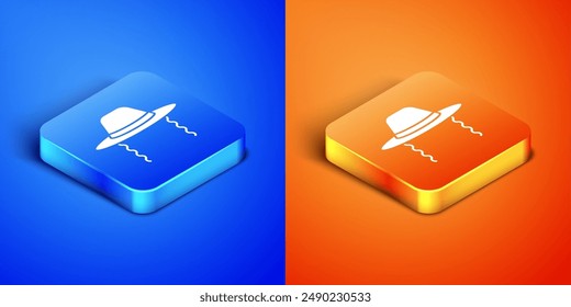 Isometric Orthodox jewish hat with sidelocks icon isolated on blue and orange background. Jewish men in the traditional clothing. Judaism symbols. Square button. Vector