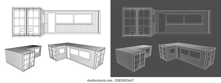Isometric and Orthographic Container building Technical Blueprint Illustration