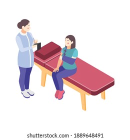 Isometric orthopedics clinic icon of doctor and woman with broken arm in sling 3d vector illustration