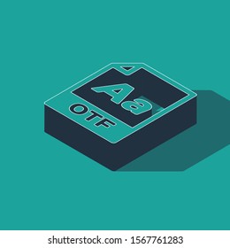 Isometric OTF file document. Download otf button icon isolated on green background. OTF file symbol.  Vector Illustration