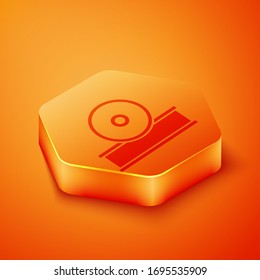 Isometric Otolaryngological head reflector icon isolated on orange background. Equipment for inspection the patient's ear, throat and nose. Orange hexagon button. Vector Illustration