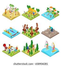 Isometric Outdoor Activity. Kayaking, Beach Volleyball, Mountain Bike, Surfing and Barbeque. Healthy Lifestyle and Recreation. Vector flat 3d illustration