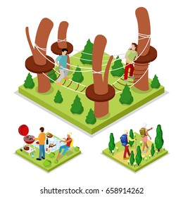 Isometric Outdoor Activity. Rope Park and Barbeque. Healthy Lifestyle and Recreation. Vector flat 3d illustration