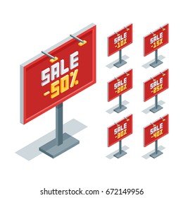 Isometric outdoor advertising billboard with sale sign. Sign signboard modern banner. Vector illustration