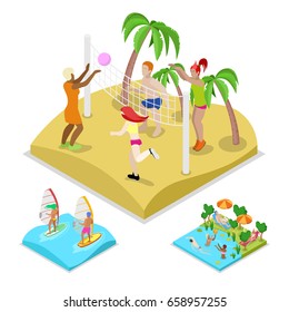 Isometric Outdoor Beach Volleyball, Surfing and Water Polo. Healthy Lifestyle and Recreation. Vector flat 3d illustration