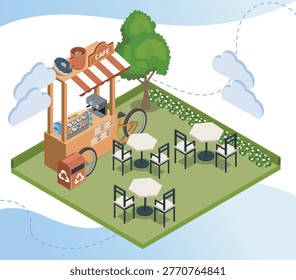isometric outdoor cafe stall with pastries and drinks in isometric style on grassy background with tables and flowers, conveying cozy street food atmosphere. Hand-drawn vector illustration