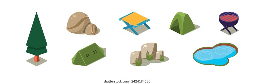 Isometric Outdoor Camping Element and Equipment Vector Set