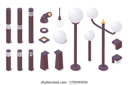 Isometric outdoor lighting set for hotel, street, exterior lanscape design