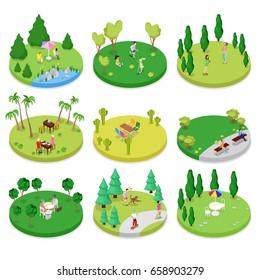 Isometric Outdoor Park Composition Set with Walking People and Trees. Vector flat 3d illustration