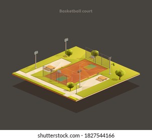 Isometric Outdoor public, school basketball court. Sports arena with lights and benches
