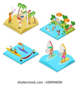 Isometric Outdoor Sea Beach Activity. Kayaking, Volleyball, Surfing and Water Polo. Healthy Lifestyle and Recreation. Vector flat 3d illustration