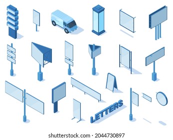 Isometric outdoor street advertising media billboards and banners. Advertising billboards, signage constructions, city boards vector illustration set. Outdoor advertising commercial billboard