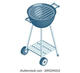 Isometric Outdoor Vector Grill Illustration. Outdoor Barbeque, Grill And Rack Topper Isometric Projection, 3D Rendering Illustration.