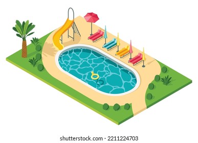 Isometric outdoor water pool. Creative swimming pool with chaise lounges, parasol umbrellas, palm tree, water slide and tube. Summer vacation concept vector illustration