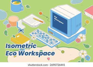 Espaço de trabalho ao ar livre isométrico: computador, livros e flores na grama