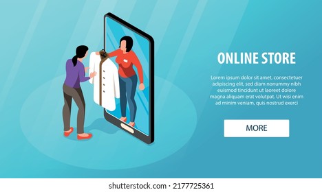 Isometric outerwear store horizontal banner with image of smartphone female characters and editable text with button vector illustration