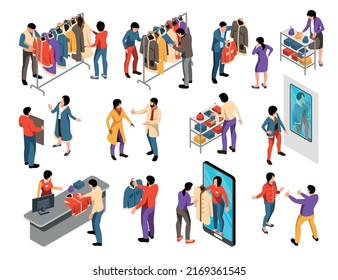 Isometric outerwear store set with isolated icons of fashion shop shelves rails and shopping people characters vector illustration