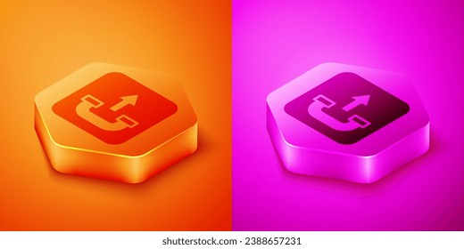 Isométrico Icono de teléfono de llamada saliente aislado en fondo naranja y rosa. Señal de teléfono. Teléfono. Botón hexagonal. Vector