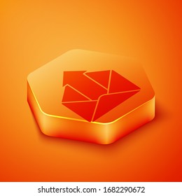 Isometric Outgoing mail icon isolated on orange background. Envelope symbol. Outgoing message sign. Mail navigation button. Orange hexagon button. Vector Illustration
