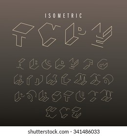 Isometric outline alphabet vector font. 3D isometric letters. Three-Dimensional stock vector typeset for headlines, posters etc.