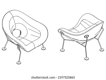 Isometric outline armchairs set. Simple Outline Drawing, Isolated Vector