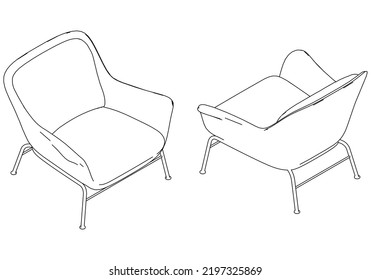 Sillones de contorno isométrico. Dibujo de esquema simple, vector aislado
