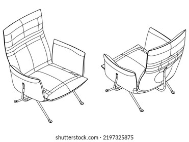 Isometric outline armchairs set. Simple Outline Drawing, Isolated Vector