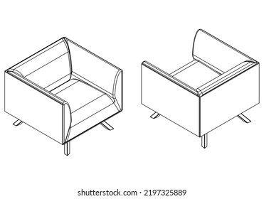 Isometric outline armchairs set. Simple Outline Drawing, Isolated Vector
