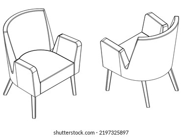 Isometric outline armchairs set. Simple Outline Drawing, Isolated Vector