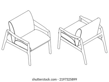Isometric outline armchairs set. Simple Outline Drawing, Isolated Vector