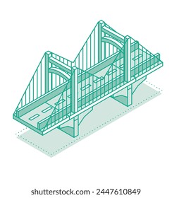 Puente de contorno isométrico. Ilustración vectorial. Icono de carretera. Urbana infraestructura. Puente colgante.