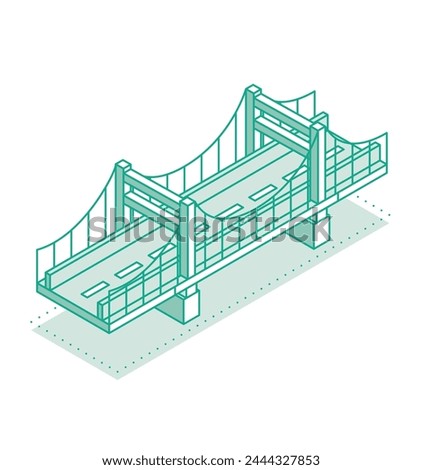 Isometric outline bridge. Vector illustration. Road icon. Urban infrastructure. Suspension bridge.