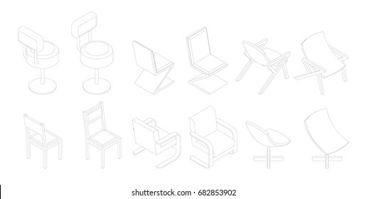 Isometric Outline Chairs Set. Bar, Office Vector Chair