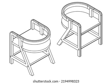 Isometric outline chairs set. Simple Outline Drawing, Isolated Vector