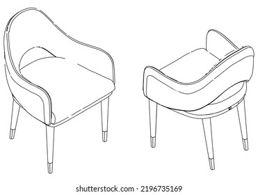Isometric outline chairs set. Simple Outline Drawing, Isolated Vector