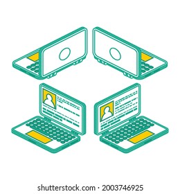 Colección de esquemas isométricos de laptops, portátiles mostrados de diferentes lados. Ilustración vectorial. Concepto Aislado.
