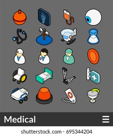 Isometric outline color icons, 3D pictograms vector set - Medical symbol collection