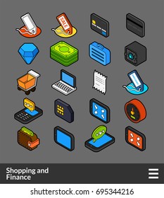 Isometric outline color icons, 3D pictograms vector set - Shopping and finance symbol collection