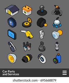 Isometric outline color icons, 3D pictograms vector set - Car parts and services symbol collection