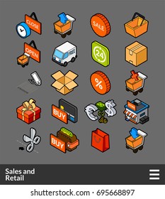Isometric outline color icons, 3D pictograms vector set - Sales and retail symbol collection