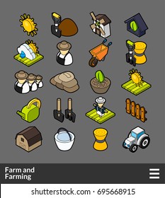 Isometric outline color icons, 3D pictograms vector set - Farm and farming symbol collection