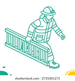 Isometrische Grundriss Feuerwehrmann läuft, während eine Leiter, die Notfallreaktion, Feuerwehr und professionelle Feuerwehr Arbeit. Vektorgrafik. Mann einzeln auf weißem Hintergrund.