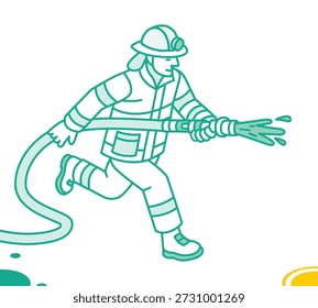Isometrischer Umrissfeuerwehrmann mit einer Feuerlöschschlauchdüse. Vektorgrafik. Notfallmaßnahmen, Brandbekämpfung, Rettungsarbeiten und Sicherheitsdienste. Mann einzeln auf weißem Hintergrund.